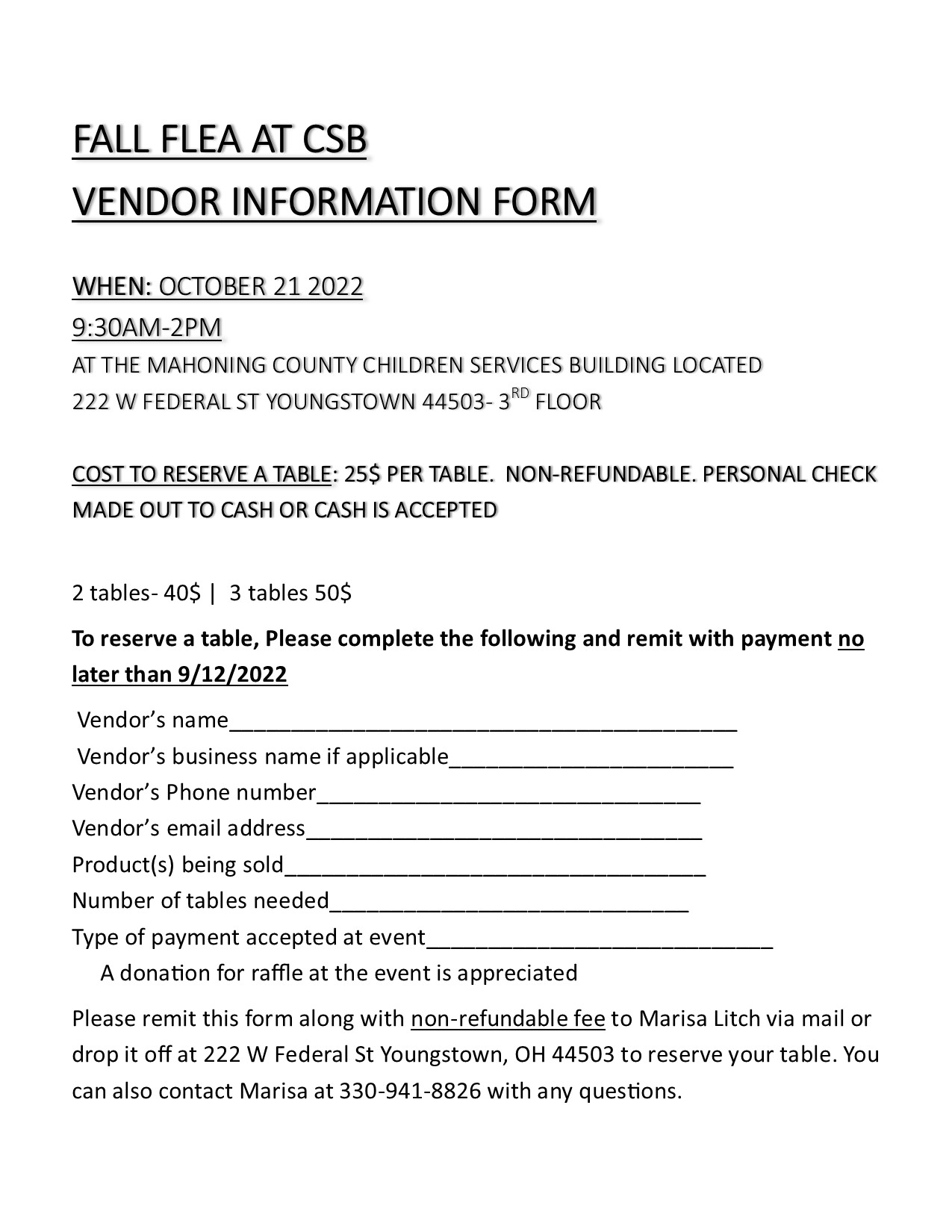2022 CSB FALL FLEA VENDOR FORM